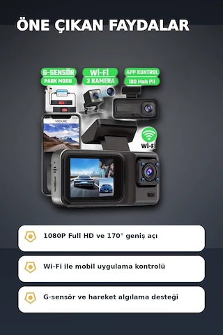 1080p Full Hd 3 Kameralı Wi-fi Araç İçi Yol Kayıt Kamerası Seti 170 Derece Park Modlu