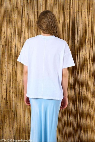 Kadın Beyaz-Mavi Love Baskılı Oversize %100 Pamuk T-Shirt