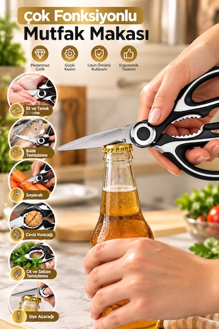 Porsima Pbt-934 Çok Fonksiyonlu Paslanmaz Çelik Mutfak Makası 20 Cm - Koruyucu Kılıflı Et, Tavuk, Balık Kesme & Ceviz Kıracaklı Mutfak Makası Siyah
