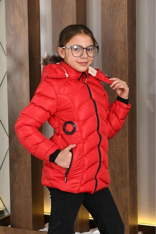 Lasgaris Jeans Kız Çocuk Kürklü Kapüşonlu Şişme Mont Kırmızı