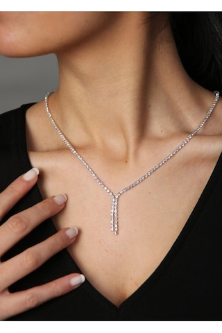 X-lady Accessories Gümüş Renk Zirkon Su Yolu Abiye Kolye - 2418 Kırmızı