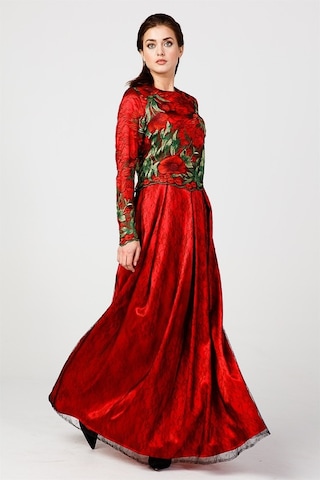 Kırmızı - Çiçek Detaylı Dantel Abiye Elbise Kırmızı