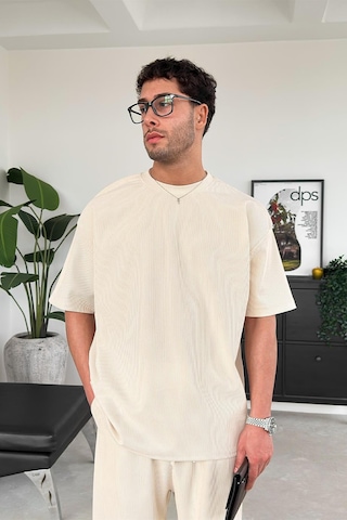 Bej İnce Fitilli Oversize Tişört Bej