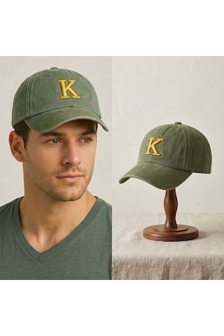 Bk Gift Kişiye Özel Harf Nakışlı Vintage Haki Beyzbol Şapkası Unisex Eskitme Kumaş Metal Tokalı