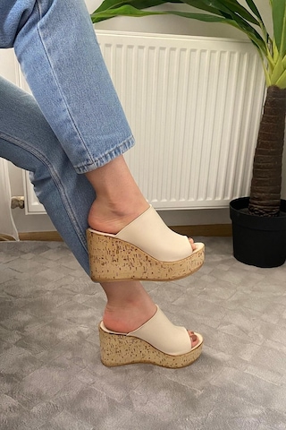 Asmi Shoes Kadın Limo Bej Dolgulu Mantar Taban Terlik 10 Cm Krem Krem