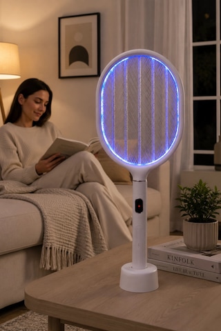 Glr Ltd-718 Beyaz Elektrikli Sinek Raketi 1200mah Bataryalı, Type-c Şarjlı, Dijital Ekranlı Sinek Ö