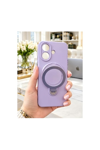 Poco X8 Pro İle Uyumlu 360 Derece Dönebilen Kalın Metal Magsafe Halka Stantlı İçi Kadife Korumalı Ultra Lüx Premium Silikon Kılıf LİLA
