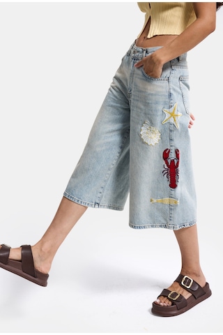 it's basic Kadın Kot Rengi 4s6-32 Palazzo Nakış Tasarım Bermuda Denim Jort