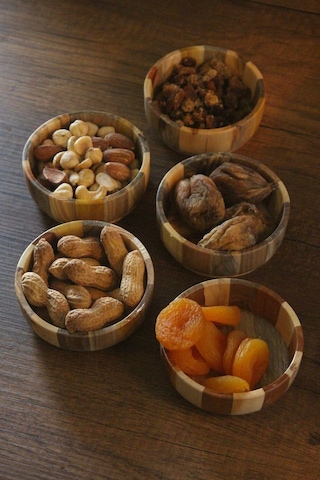 5li Ahşap Çerez Kase Seti Ağaç Renkli Tasarımlı