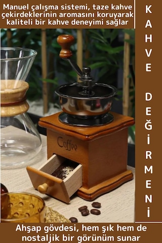Premium Çok Şık Çelik Değirmenli Taze Aroma Koruyucu Nostaljik Görünüm Manuel Ahşap Kahve Değirmeni Çok Renkli