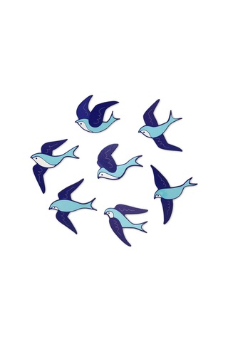 Cajuart Dekoratif 7 Parça Turkuaz Mavi Uçan Kuşlar Ahşap Duvar Tablo Duvar Dekoru