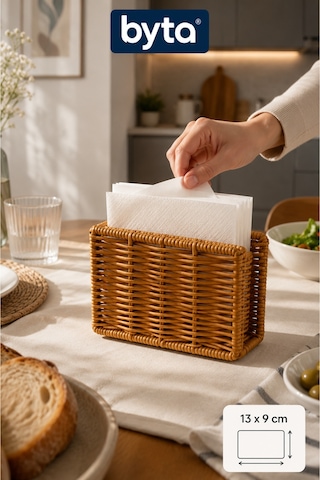 Rattan Görünümlü Peçetelik 13x9 Cm Masaüstü Peçete Düzenleyici Hasır Görünümlü Kahverengi