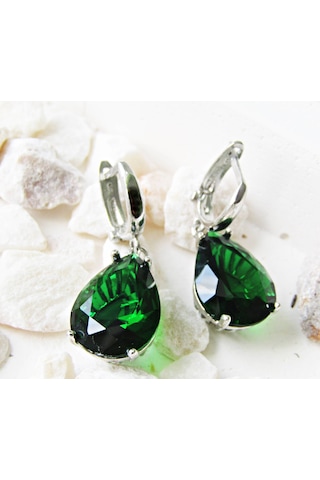 Lilahgümüştr Gümüş Damla Yeşil Taşlı Kadın Küpe