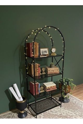 Noble Metal Kitaplık Dekoratif Kemerli 4 Raflı Salon Ve Ofis Rafı 70x180 Cm Siyah
