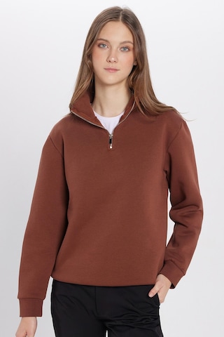Tudors Unisex Relax Fit Rahat Kesim Pamuklu İçi Polarlı Yarım Fermuarlı Kahverengi Dik Yaka Sweatshirt-31446 Kahverengi