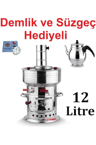 12 Litre Paslanmaz Metal Odunlu Kömürlü Çay Semaveri Büyük Çift Musluklu Demlik Hediyeli Semaver 12