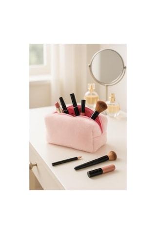 Peluş Yumuşak Makyaj Çantası - Kozmetik Organizeri Pembe