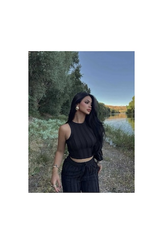 Evoa Kadın Siyah Halter Yaka Crop & Bol Paça Pantolon Fırfır Detaylı Gagari Takım Siyah Siyah