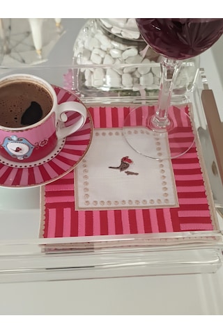 3 Adet Farklı Renklerde Kare Pip Studio Uyumlu Nakışlı Love Bird Detaylı Kokteyl Sunum Peçetesi Çok Renkli