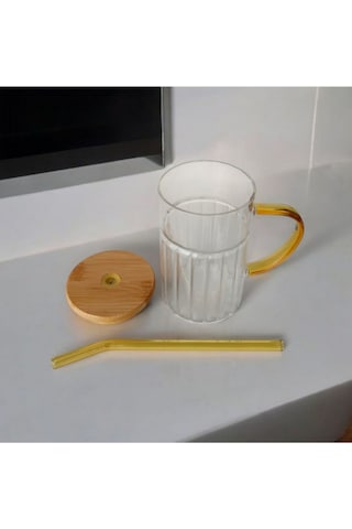 Bambu Kapaklı Cam Pipetli Kupa 420 Ml Sarı