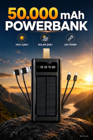 Solar 50.000 Mah Güneş Enerjili Led Işıklı Powerbank Şarj Aleti 2x Usb Çıkışlı Mikro Type-c Siyah