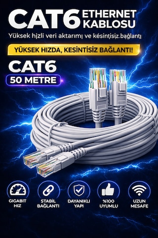 Cat6 Ethernet Kablosu 50m Gigabit Lan Kablosu Yüksek Hızlı İnternet Kablosu 50 M