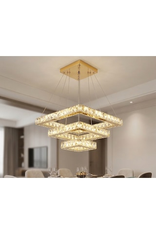 Ala Lighting Plaket Kristal Taş Işlemeli 201 Gold Paslanmaz Kare Avize Altın - Gold