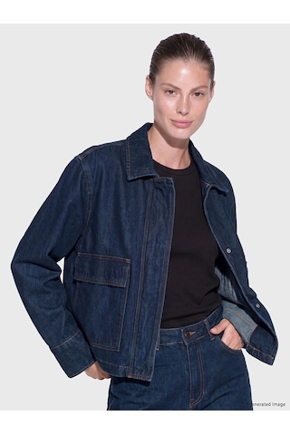 LC Waikiki Lcw Everyday İndigo Gömlek Yaka Kadın Jean Ceket Dark Rodeo