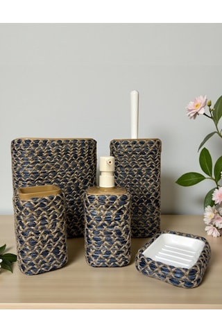 Doğal Dokulu Hasır Görünümlü 6 Parça Banyo Takımı Zarif Ve Modern Mavi