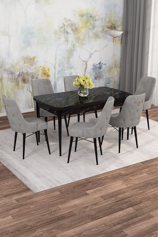 Mona Siyah Mermer Desen 80x132 Açılabilir Mdf Masa Yemek Odası Takımı, Mutfak Takımı 6 Adet Sandalye Siyah Mermer - 6 Gri - Siyah Ayak