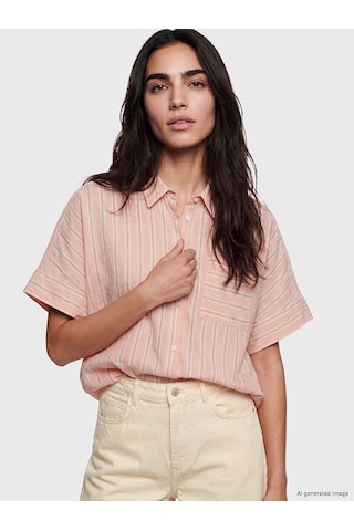 Lcw Vision Pembe Çizgili Oversize Kadın Gömlek