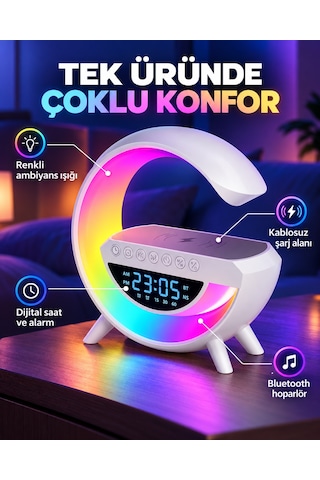 Şarjlı Hoperlör 7 Led Işıklı Bluetoothlu Alarm Saat Şarj İstasyonu Ritme Göre Renk