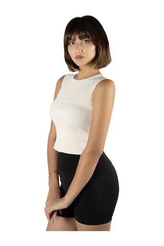 Terapi Men Krem Fitted/vücuda Oturan Crop Halter Yaka Fitilli Esnek Örme Bluz Atlet Krem