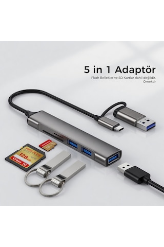 Usb 3.0 Usb Çoklayıcı 5 İn 1 Usb-a Ve Usb Type C Kablolu Micro Sd Ve Sd Kart Okuyucu Özellikli Usb Hub Çoğaltıcı 3 Usb Port Yüksek Hızlı Data Aktarım