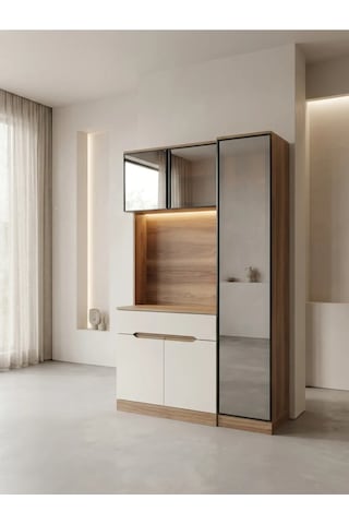 Ceviz Kahve Köşesi Led Işıklı Kahve Köşesi Ünitesi Modern Tasarım Ceviz Renk 200 Cm Yükseklik 125 Cm Genişlik