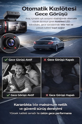 Gps Li 4k Araç Kamerası Wifi Destekli Üçlü Kayıt Gece Görüşlü Dashcam Sistem