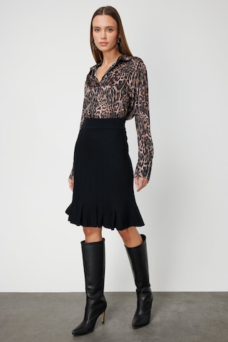 On Kadın Eteği Pileli Diz Üstü Triko Etek 65200 Siyah Siyah