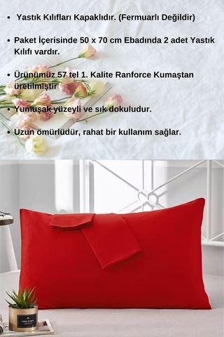 Kırmızı Renkli Pamuklu Ranforce Kumaştan Yastık Kılıfı 2 Adet