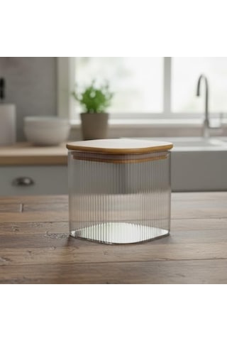 Bambu Kapaklı Kare Cam Saklama Kavanozu 10x10 Cm - Vakum Kapaklı Şeffaf Erzak Kabı Ve Mutfak Düzenleyici Organizatör 7009