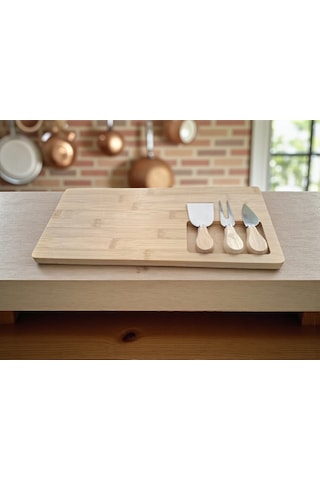 Doğal Bambu Bıçaklı Peynir Servis Sunum Tabağı Kahvaltı Sunum Tahtası Seti 4 Parça 38x18 Cm Kahverengi