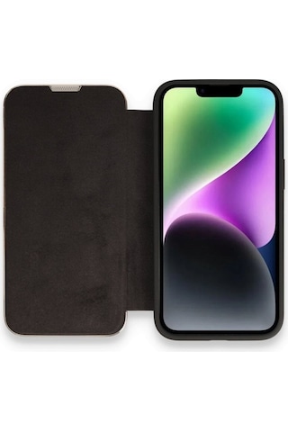 Apple Uyumlu iPhone 14 Pro Kapaklı Kılıf Parmak Izi Bırakmaz Dışı Deri Içi Süet Tasarım Siyah