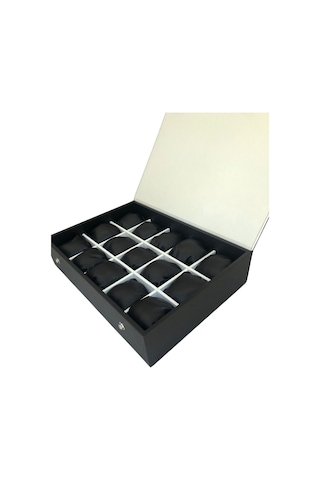 Saat Çantası 15 Li Çıtçıtlı Ahşap Kasa Üzeri Siyah Deri Kaplama 25x35 Cm İçi Beyaz Siyah