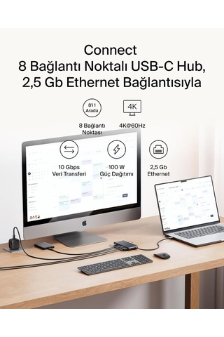 Belkin Connect 8 Portlu Usb-c Hub, 4k 60hz E Kadar Çözünürlükleri