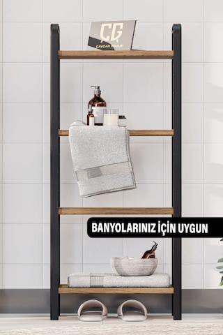 4 Katlı Ahşap Çubuklu 40 Cm Banyo Rafı, Banyo Düzenleyici Raf Ceviz