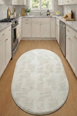 Raschel Carpet Yıkanabilir Oval Elips Leke Tutmaz Emboss Bohem Krem Mutfak Halısı Özel Seri Kaymaz Taban Halı Krem