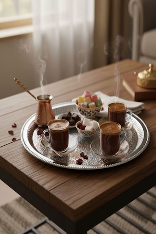 Tepsi, Yuvarlak Dekorlu Gümüş Renk Tepsi 35 Cm Çok Kullanışlı Tepsi, Çay Tepsisi,söz Nişan Tepsisi Gümüş