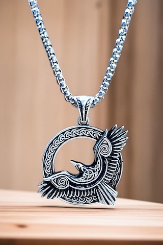 Gümüş Kaplama Krom-çelik Erkek Kolye Madalyon İskandinav Odin Viking Kuzgun Gümüş
