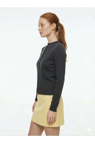 Kadın Acı Kahve Slim Fit Dar Kesim Düğmeli Bisiklet Yaka Triko Hırka Antrasit