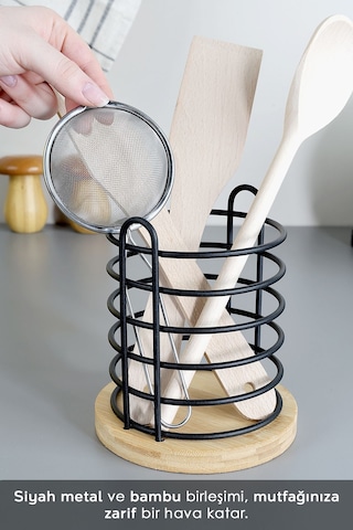 Bambu Tabanlı Metal Kaşıklık - Tezgah Üstü Dik Kaşıklık Mutfak Düzenleyici Dekoratif Organizer Bej