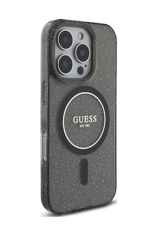 Apple Uyumlu iPhone 16 Pro Max Kılıf Guess Lisanslı Magsafe Özellikli Simli Silikon İnci Bileklikli Siyah